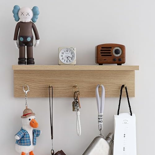 Marine Plywood Wall Mounted Coat Rack with Shelf & Key Hooks, 5 Brass Hooks Entryway Organizer, Modern Floating Shelf for Bedroom Hallway, Space-Saving Home Storage Rack (1, Oak Finish) - Image 7