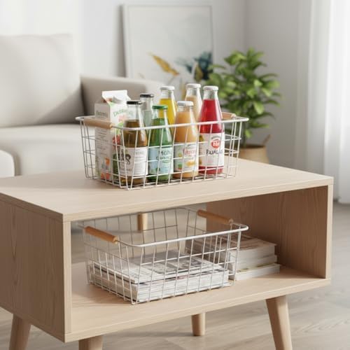 White Metal Wire Food Storage Basket with Wooden Handles for Organizing Snack Basket,Pantry Organizers and Storage for Kitchen Cabinets 4 Pack (Medium) - Image 6