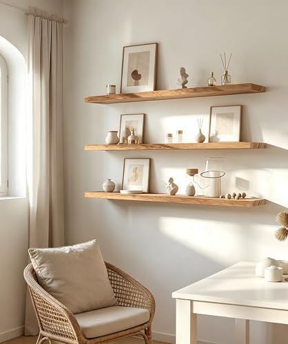 36 Inch Rustic Wood Floating Shelves Farmhouse Wooden Wall Shelves for Bathroom Bedroom Living Room Kitchen Office Set of 4 Light Brown - Image 7