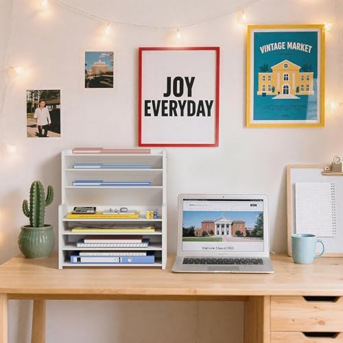 7 Tier White Desk Organizer for Office Organization, Wood Paper Organizer for Desk, Vertical Desktop File Folder Holder & Letter Tray, Aesthetic School Storage Orgnizer Shlef - Image 6