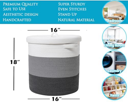 16x18 Inch Extra Large Round Cotton Rope Storage Basket with Lid, Decorative Woven Bin with Cover for Living Room Bedroom Closet, Grey & Dark Grey - Image 2