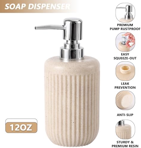 XLHOMO Resin Beige Bathroom Accessories Set 5 Pcs, Lotion Soap Dispenser, Toothbrush Holder, Bathroom Tumbler, Qtip Holder and Vanity Tray, Bathroom Countertop Organizer Set for Modern Home Apartment - Image 3