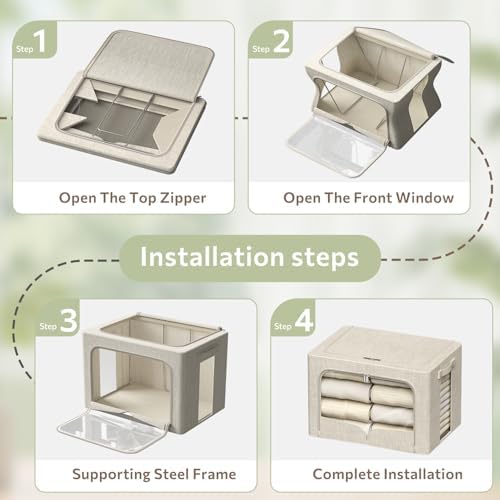 FHSQX 3 Pack Clothes Storage Bins - Foldable Metal Frame Storage Box - Stackable Linen Fabric Container Organizer Set with Carrying Handles and Clear Window (Beige, 19.7x15.7x13inch(66L)) - Image 5