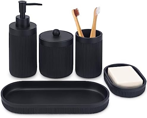 Bathroom Accessory Set 5Pcs-Lotion Soap Dispenser,Toothbrush Holder,Qtip Holder Dispenser,Vanity Tray and Soap Dish-Modern Bathroom Decor Vanity Countertop Organizer,Matte Black by Deobath
