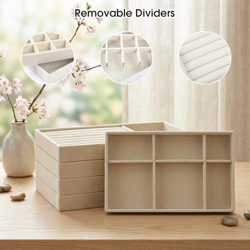 16 Pack Velvet Jewelry Trays for Drawers, Stackable Jewelry Organizer Trays with Dividers, 8.3 x 5 in Drawer Inserts for Rings Necklaces Earrings Bracelets, Beige - Image 6