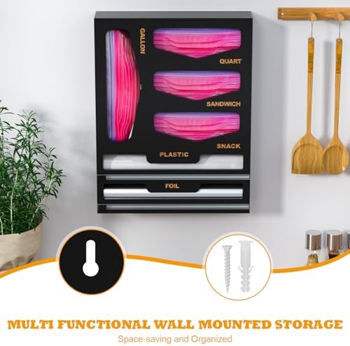 DALSHABET Bamboo Bag Organizer with Magnetic Closure, 6 In 1 Kitchen Drawer Foil and Plastic Wrap Dispenser with Cutter, Storage bag for Gallon, Quart, Sandwich, Snack Black - Image 5