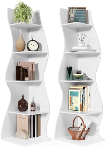 LITTLE TREE 70-Inch Corner Shelf, Seaweed Shaped Etagere Display Bookshelf, Freestanding 5-Tier Wall Shelves for Small Spaces, Bedroom, Living Room, 2 Pack, White by LITTLETREE