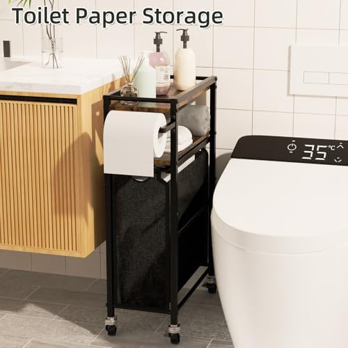 Toilet Paper Holder with Storage Bag & Wheels - Freestanding Bathroom Organizer Holds 9 Rolls for Small Spaces, Essentials Storage Beside Toilet-Brown - Image 6