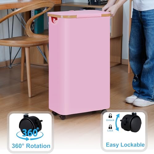 efluky Slim Laundry Basket with Wheels, Narrow Rolling Laundry Hamper with Lid and Removable Bag, Tall Aesthetic Dirty Clothes Hamper on Wheels for Laundry Room, Bedroom, Dorm and Bathroom, 75L Pink - Image 3