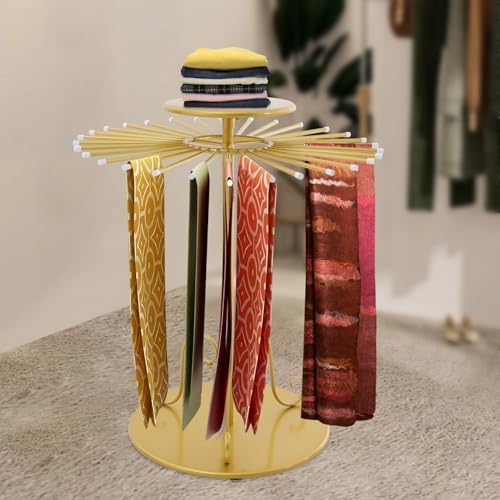 Golden Freestanding Scarf Display Rack with 30 Rods, 360° Rotating Height Adjustable Scarf Organizer, Metal Scarf Holder for Scarves, Ties, Shawls, Belts, Ideal for Boutique & Home Use - Image 3