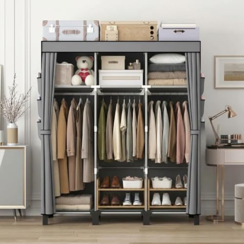 Portable Non-Woven Fabric Wardrobe, 3 Hanging Rods & Multi Tier Storage Shelves, 18 Side Pockets Clothes Closet Organizer, 130×45×172cm for Bedroom Dorm Living Room (Gray) - Image 5