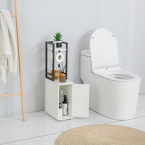 SUNTAGE Small Bathroom Storage Cabinet, Narrow Side Bathroom Organizer w/Toilet Paper Roll Holder and Metal Frame, Slim Toilet Paper Storage Cabinet for Bathroom, White by suntage