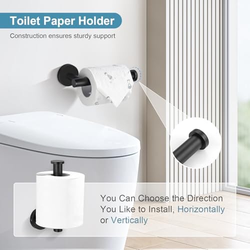 TQKAG Matte Black Bathroom Hardware Set 5 Pieces, SUS304 Stainless Steel Towel Bar Set Round Bathroom Towel Rack Set Wall Mounted - Image 4