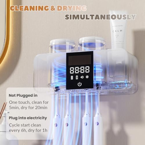 Smart Wall-Mounted Toothbrush Holder with Solar Charging, 4 Brush Slots & 2 Cup, Multi-Function Electric Toothbrush Organizer with Built-in Dryer for Home Bathroom (White - 2 Cups) - Image 4