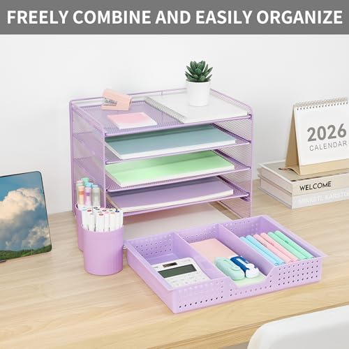 LEKETREE Desk Organizers and Accessories, 5-Tier Paper Letter Tray Organizer with Drawer & 2 Pen Holders, Desktop Organizer for Office Supplies (Purple) - Image 7