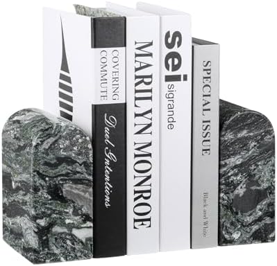 Koville South African Natural Marble Bookends for Shelves, Non-Slip Book Ends, 13LBS Ultra Heavy Duty Marble Book Holder Organizer, Apartment Decor for Movies/CD/Video Games(Olive Green) by Koville
