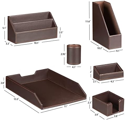 Ayunga PU Leather 6-piece Office Supplies Combination Set,Pencil Cup,Business Card Holder,Sticky Note Dispenser,Mail Sorter,Letter Tray,Files Holder,Suitable for Self-use and Friend Gifts (Brown) - Image 2