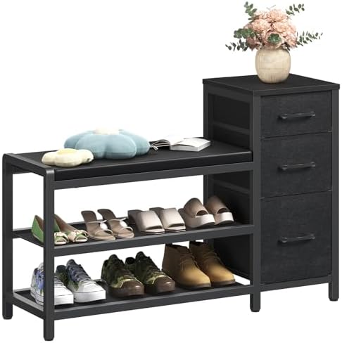 YATINEY Entryway Bench with Shoe Storage, 3-Tier Shoe Rack Bench with Wooden Shelves and 3 Non-Woven Drawers, PU Padded Shoe Storage Bench for Entryway, Bedroom, Black HX07BB by Yatiney