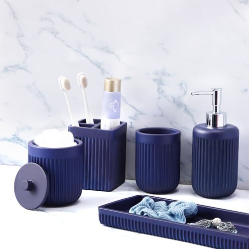 XLHOMO Resin Navy Blue Bathroom Accessories Set 5 Pcs, Lotion Soap Dispenser, Toothbrush Holder, Bathroom Tumbler, Qtip Holder and Vanity Tray, Bathroom Countertop Organizer Set for Modern Apartment by BetterbathroomwithXLHOME