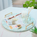 PEMAR Mother of Pearl Decorative Tray, 13" Round with Gold Metal Handles, Vanity/Perfume/Trinket Tray, Catchall for Dresser, Bathroom, Vanity Table (Teal Sunlight) - Image 2