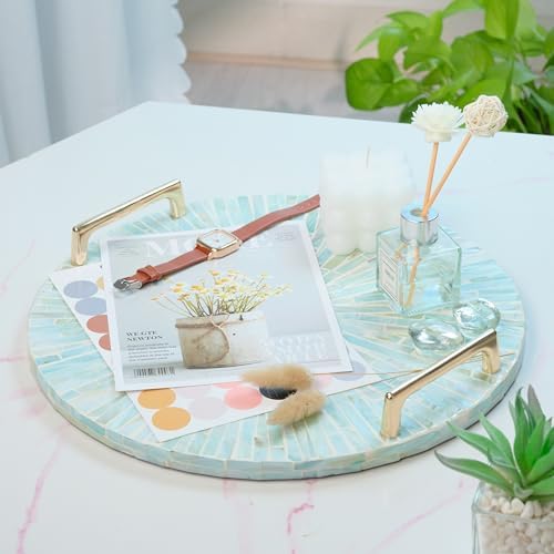 PEMAR Mother of Pearl Decorative Tray, 13" Round with Gold Metal Handles, Vanity/Perfume/Trinket Tray, Catchall for Dresser, Bathroom, Vanity Table (Teal Sunlight) - Image 2