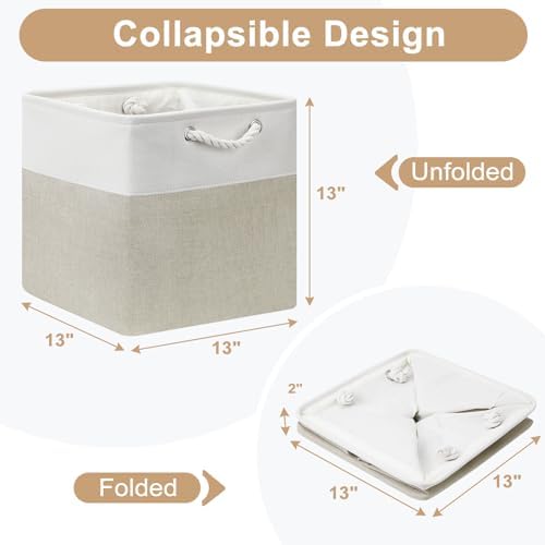 13x13 Storage Cube Bins 4Pack,Collapsible Cube Storage Organizer for Closet, Fabric Storage Box w/ Rope Handles, Foldable Storage Baskets for Shelves, Clothes,Closet Organization - White/Coffee - Image 2