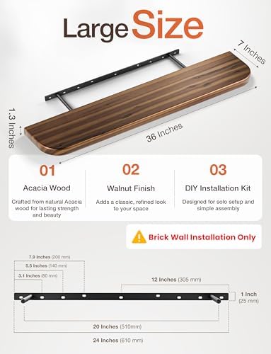 BATODA Floating Shelves for Wall, 36" Set of 2, Round Edge, Walnut Color - Image 2