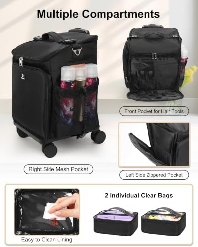 Relavel Rolling Makeup Case, Hair Tools Travel Bag Cosmetology Case on Wheels with 2 Clear Bags, Professional Hairstylist Bag Makeup Artist Storage Train Case Barber Organizer with 360° Spinner Wheels - Image 6