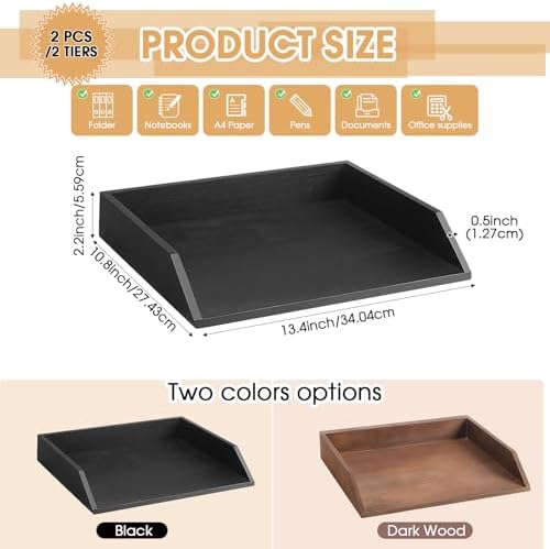 Beeveer 2 Pcs Black Wood Letter Tray Wooden Desk Paper Organizer 2 Tier Stackable Load Documents Desktop Tray Drawer File Folder Magazine Office Accessories for Home Office Back to School - Image 2