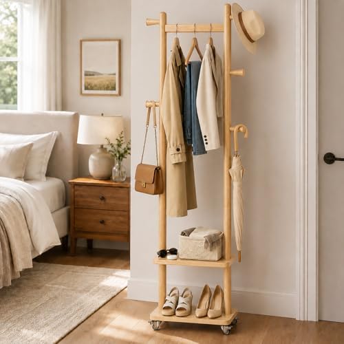 Taitiy Small Clothes Rack Solid Wood Coat Rack Freestanding with Wheels by Taitiy