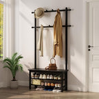 AQIMUELE Coat Rack with Shoe Storage, Wooden Hall Tree with Bench, 11 Hooks and 2-Tier Storage Shelves, 3-in-1, Entryway Bench with Coat Rack (31.5"-Deep Black) by AQIMUELE