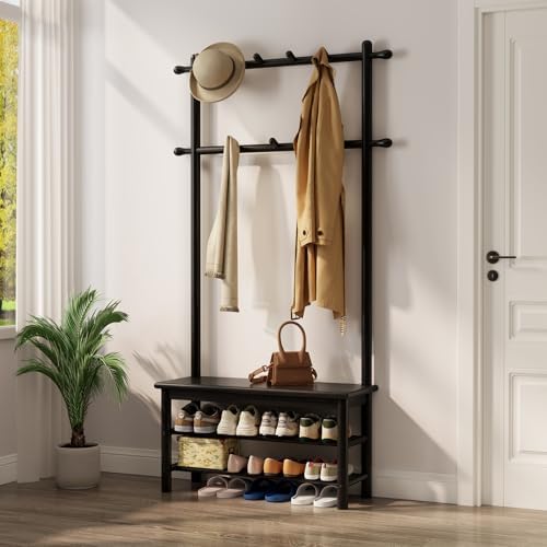AQIMUELE Coat Rack with Shoe Storage, Wooden Hall Tree with Bench, 11 Hooks and 2-Tier Storage Shelves, 3-in-1, Entryway Bench with Coat Rack (31.5"-Deep Black) by AQIMUELE