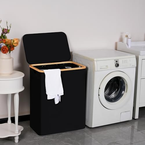 efluky Laundry Hamper 3 Section with lid and 3 Removable Bags, Black - Image 6