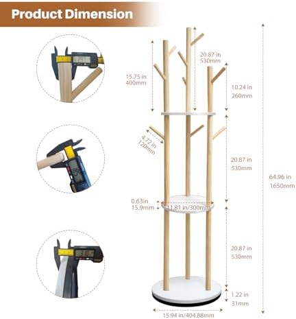 LIWSHWZ Solid Wood Rotary Coat Rack,Coat Rack Freestanding,360° Rotating with 9 Hooks & 3 Shelves for Entryway, Livingroom, Bedroom, Coat Hanger Stand for Coats, Scarves, Handbags, Hat - Image 2