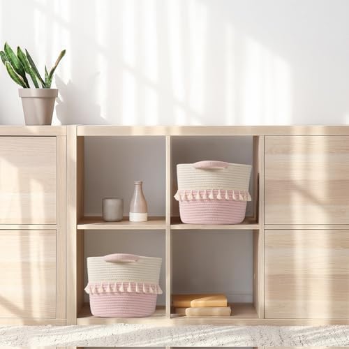 TeoKJ Storage Baskets 3 Packs, Storage Basket for toys,Towel, Storage Bins, Woven Basket for Shelves Bedroom Laundry Nursery, White & Pink - Image 4