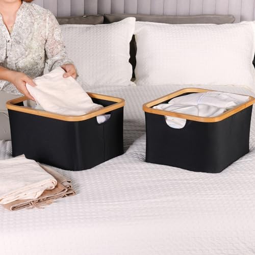 efluky Storage Baskets for Organizing, Fabric Storage Bins with Bamboo Handles, Collapsible Storage Baskets for Shelves and Closet (Black, 16.2'' x 13'' x 9.1'') - Image 6