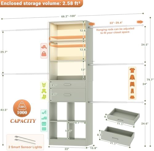 Besiost Closet System, 4-8 FT Closet Organizer System with Smart Sensor Lights, 2 Wooden Drawers and 5 Hanging Rods, Crab Green - Image 2