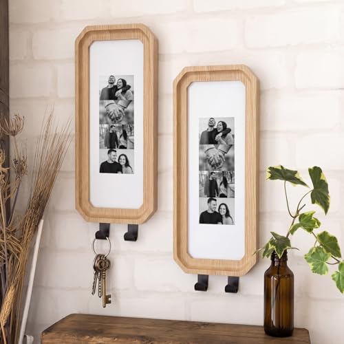 Marsui 2 Set Solid Oak Photobooth Strip Frame with Key Hooks, Wood Color Wall-mounted Photo Frame Fits 2'' x 6'' Photo Strips, for Home Wall Wedding Graduation Decor - Image 5