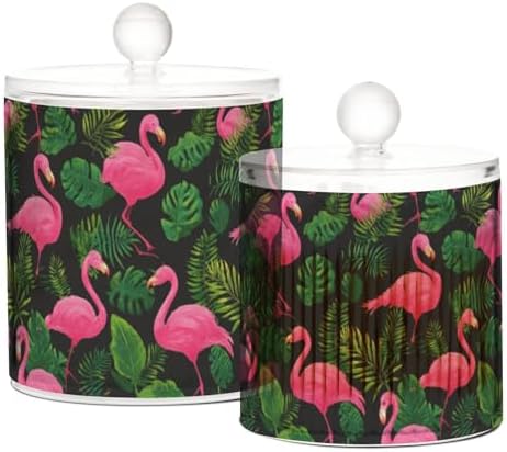 Hot Pink Flamingos and Green Tropical Leaves Qtip Holder Waterproof Dustproof Apothecary Jars with Lids For Bathroom Cotton Swabs Makeup Sponges Floss Picks Bath Salts 2 Pack - Image 2