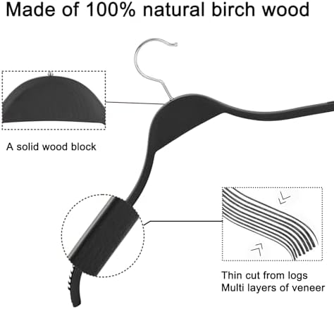 TOPIA HANGER Slim Wooden Hangers with Extra Soft Non-Slip Rubber Grips, 18-Pack High-Grade Fashion Black Hanger No Shoulder Bump for Sweater, Camisole, Jacket, Dress, Coat-CT16B - Image 4