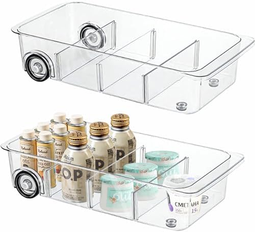 MANO 2 Pack Divided Rolling Refrigerator Tray Clear Roll Out Fridge Caddy Organizer with Wheels for Veggie Pantry Snackle Box Under Sink Bathroom Organizer and Storage Bins by MANO