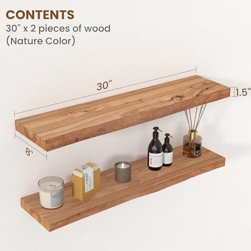 Floating Shelves for Wall Decor, Rustic Solid Elm Wood Live Edge Floating Shelves Wall Mounted, Wall Shelves with Invisible Bracket for Living Room Bathroom Bedroom Kitchen, 30 Inch Set of 2, Natural - Image 2