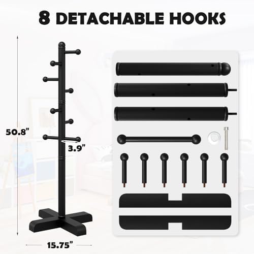 8-Hook Freestanding Wooden Coat Rack 2 Adjustable Heights BLACK - Image 3