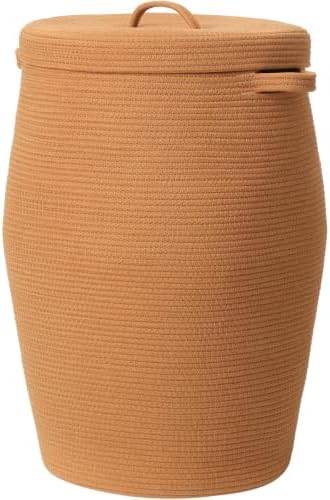 26"x20" Extra Large Tall Woven Laundry Basket with Lid, Cotton Rope Blanket Storage Basket, Freestanding Decorative Bin for Bedroom Living Room, Rust Brown by Cottonphant