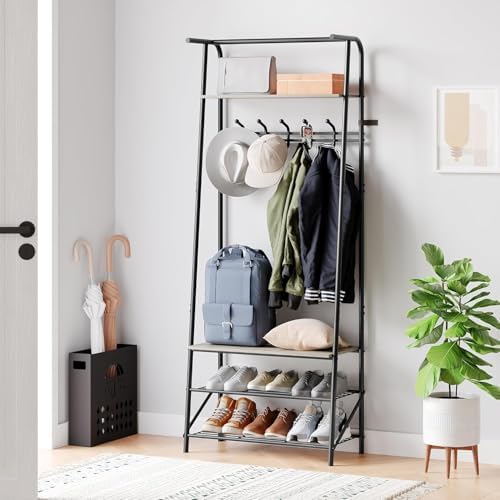 OUTLANE Entryway Hall Tree with 5 Hooks, Shoe Bench & Storage Shelf, Coat Rack Organizer with Wood Accents and Metal Frame for Entryway, Living Room, Bedroom, Gray-Single row - Image 5