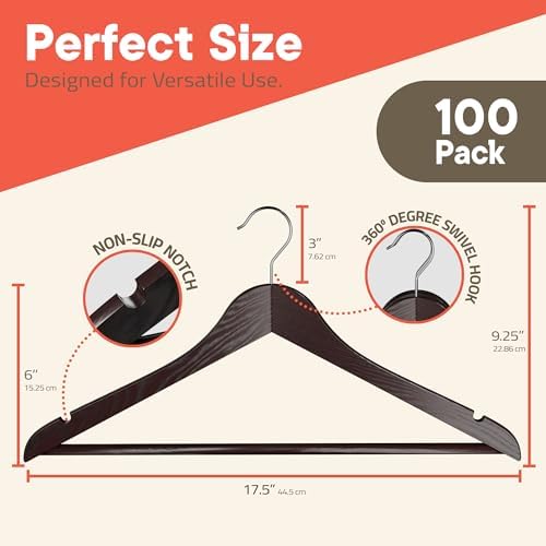 Cherry Wooden Hangers 100 Pack – Heavy-Duty with 360° Swivel Hook, Non-Slip, Pants Bar & Shoulder Grooves - Wooden Hangers for Suits, Jackets, Dresses & Camisoles, Space-Saving and Smooth Finish - Image 2