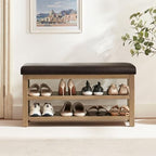 Zihanhome Shoe Rack Bench with Leather Cushion, 2 Tier Solid Wood Storage Bench, Mid-Century Modern Shoe Bench for Entryway, Hallway, Closet, Front Door Entrance, Foyer (Dark Brown, 39.4") by Zihanhome