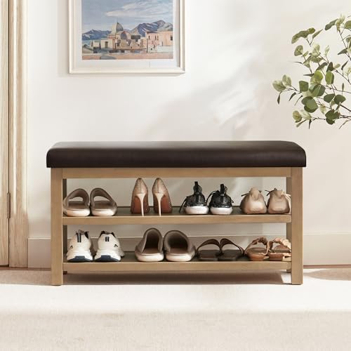 Zihanhome Shoe Rack Bench with Leather Cushion, 2 Tier Solid Wood Storage Bench, Mid-Century Modern Shoe Bench for Entryway, Hallway, Closet, Front Door Entrance, Foyer (Dark Brown, 39.4") by Zihanhome