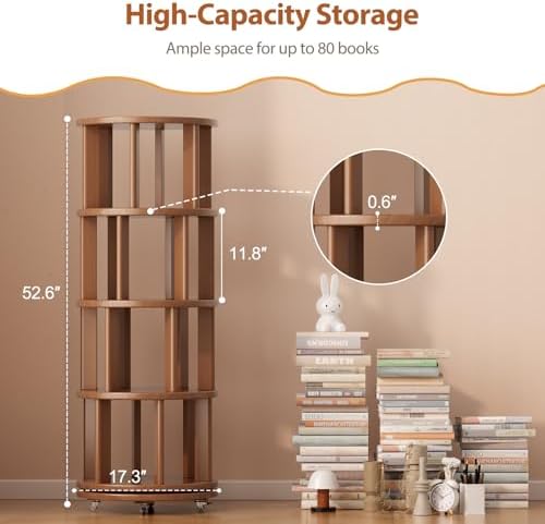 Muwuele 4 Tier Solid Wood Rotating Bookshelf Tower on Wheels, Walnut - Image 2