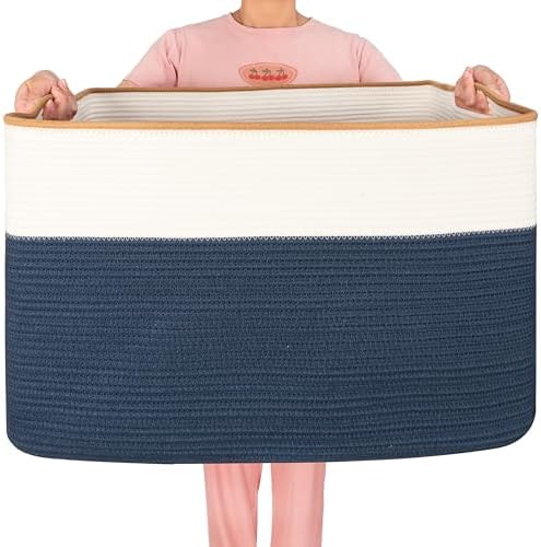 MINTWOOD Design 112L Extra Large Blanket Basket Holder Living Room, 25"x17"x16" Rectangle Rope Woven Storage Basket with Handles for Laundry, Towels, Shoes, Dog Toy Organizer Bin Box, Prussian Blue by MINTWOODDesign